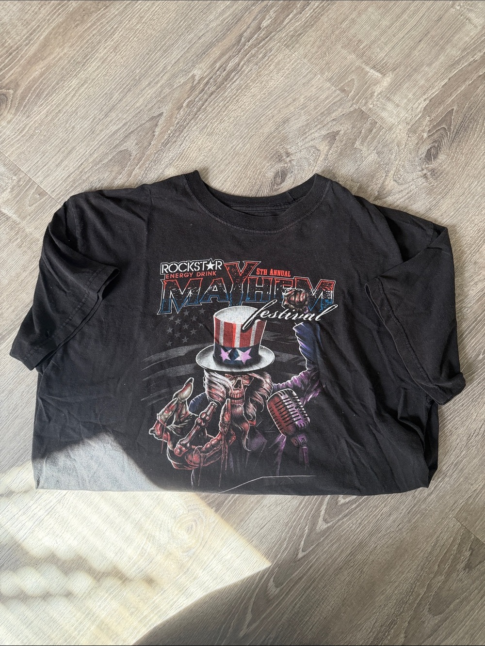 100% Cotton Vintage Mayhem Festival Graphic Tee with Red, White & Blue Accents